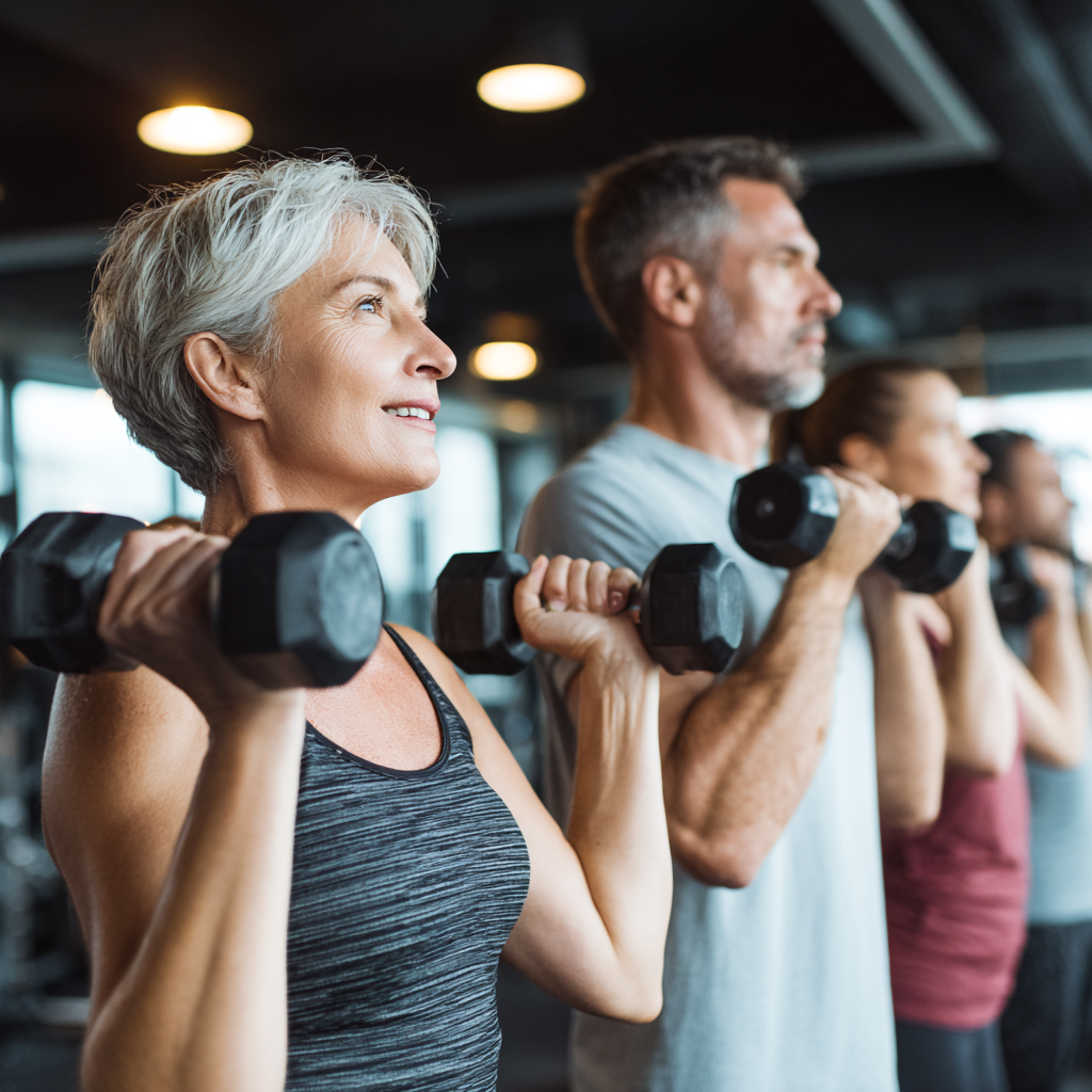 Romanian adults engaged in structured fitness training outdoors, showing proper form and technique while smiling and enjoying their workout routine